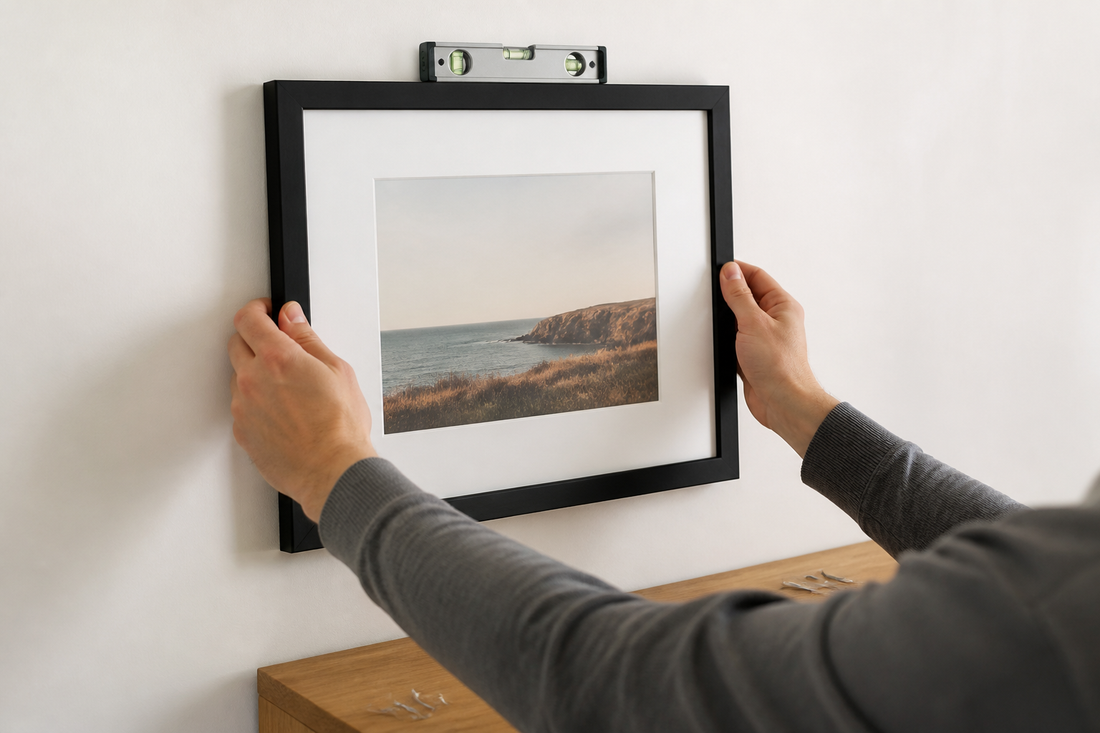 Hands leveling a framed print while hanging it on a wall