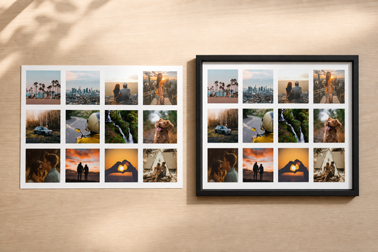 Framed photo collage printed as a single sheet with white gutters