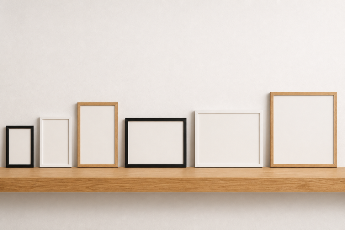 Six empty picture frames in varied standard proportions