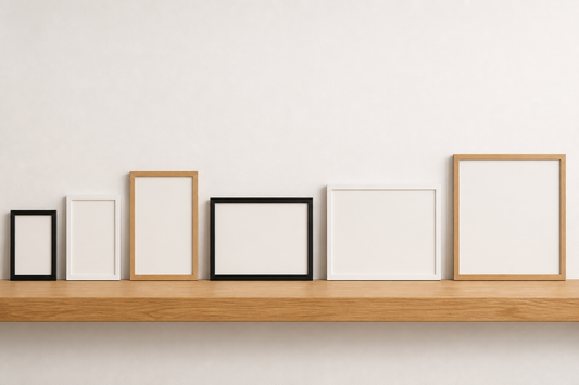 Six empty picture frames in varied standard proportions
