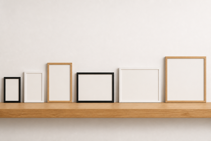 Six empty picture frames in varied standard proportions