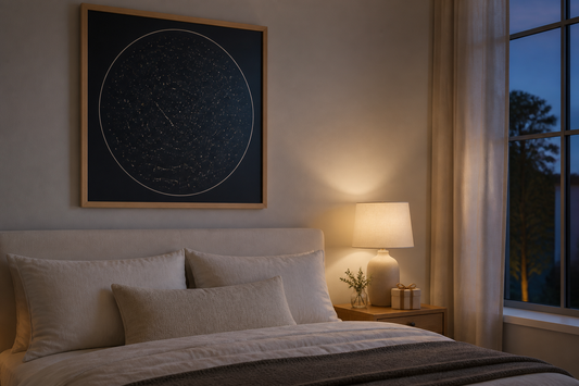 Framed celestial star map displayed in a softly lit bedroom