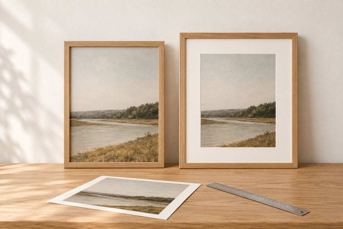 Matching landscape prints in oak frames, shown with and without a white mat.