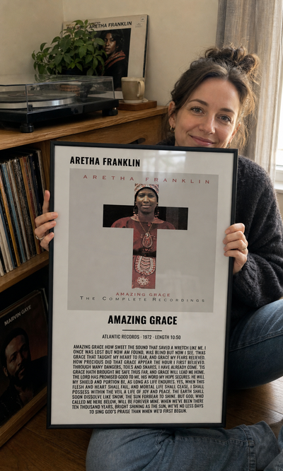 Customer holding a personalised Amazing Grace album artwork lyrics print