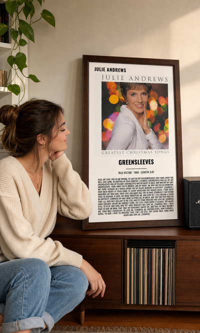 Customer displaying a personalised Greensleeves album artwork lyrics print
