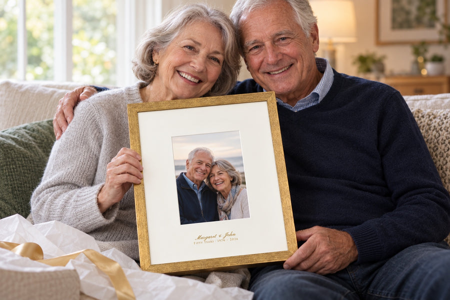 Couple holding their golden anniversary photo frame with their names printed on the mat