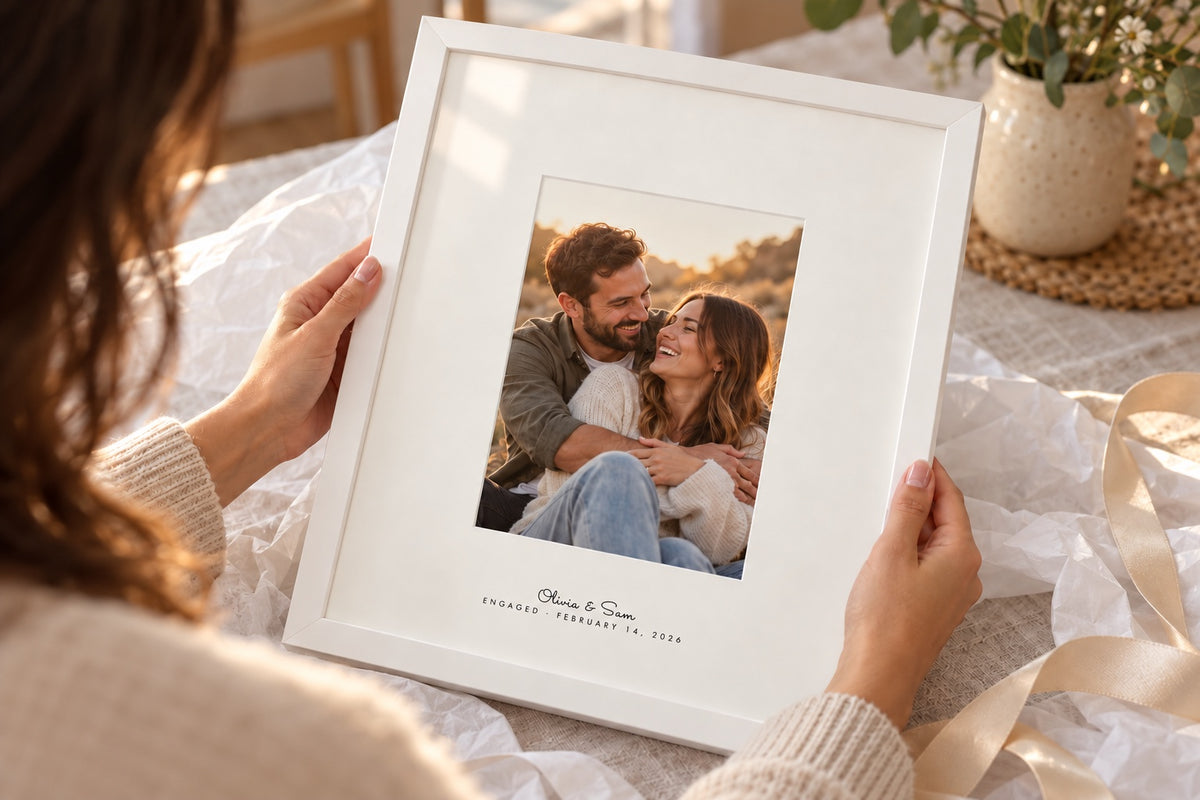 White frame held as a gift, with the couple's names and engagement date printed on the mat