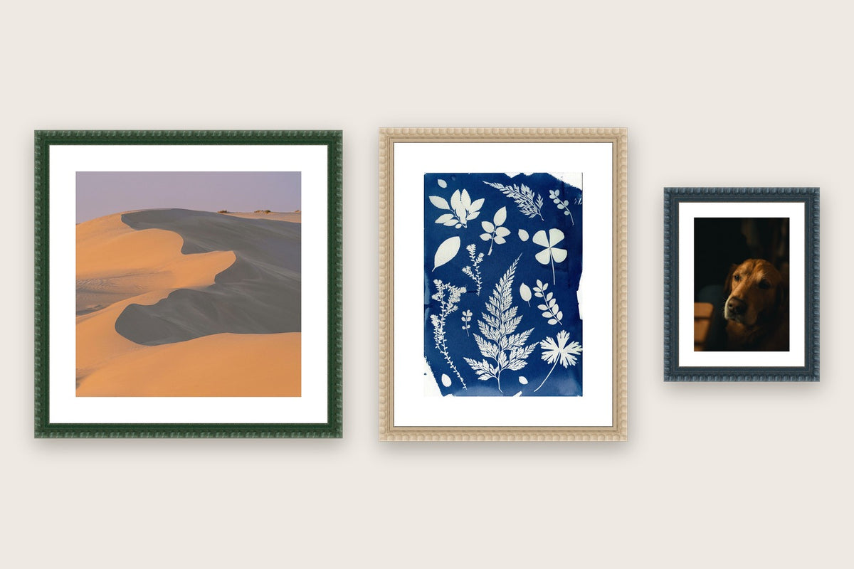 Bobbin-profile frames in dark green, cream and midnight blue, at square, A4 and 5x7 inch sizes