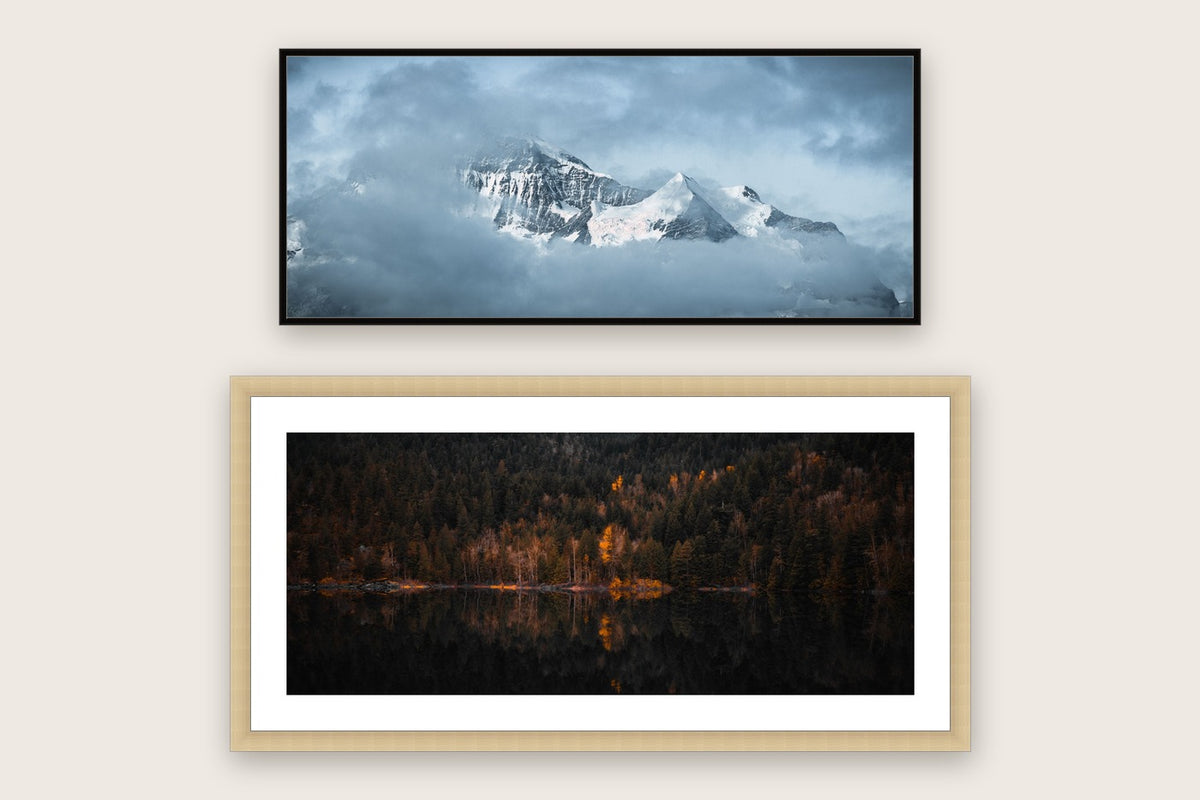 Two panoramic frames, 60x25cm — one in matt black aluminium, one in ash with a wide mat