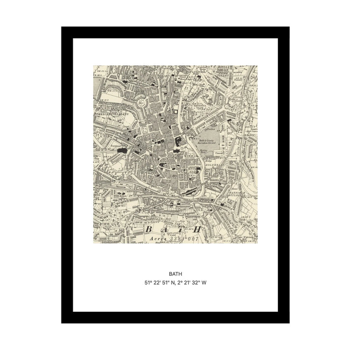Framed vintage Ordnance Survey map print of Bath (1888)