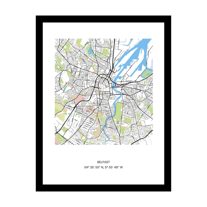 Framed personalised street map print of Belfast