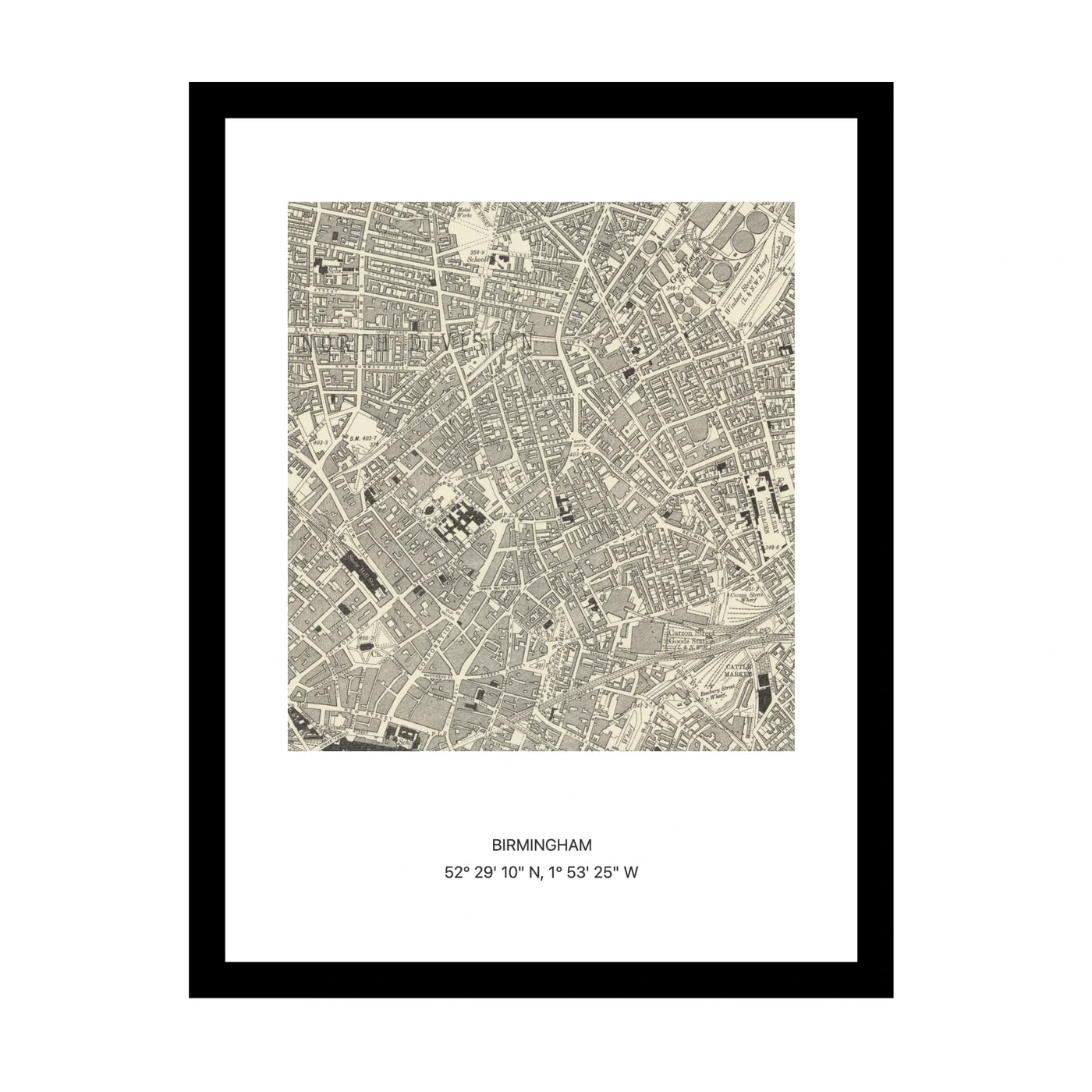 Framed vintage Ordnance Survey map print of Birmingham (1888)