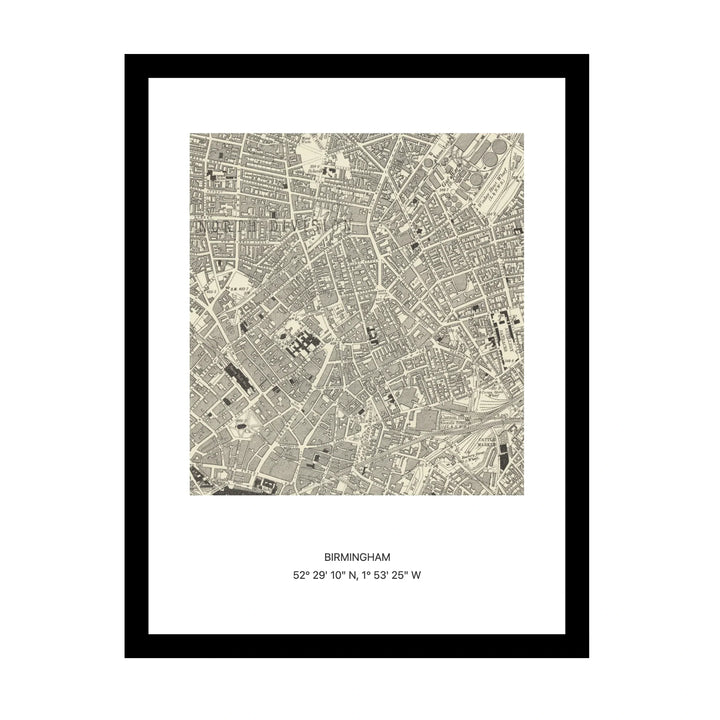 Framed vintage Ordnance Survey map print of Birmingham (1888)