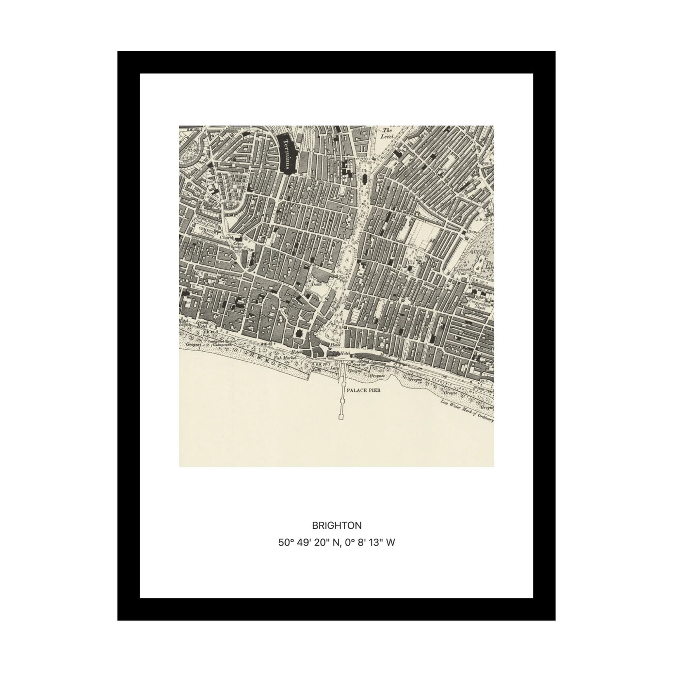 Framed vintage Ordnance Survey map print of Brighton (1888)
