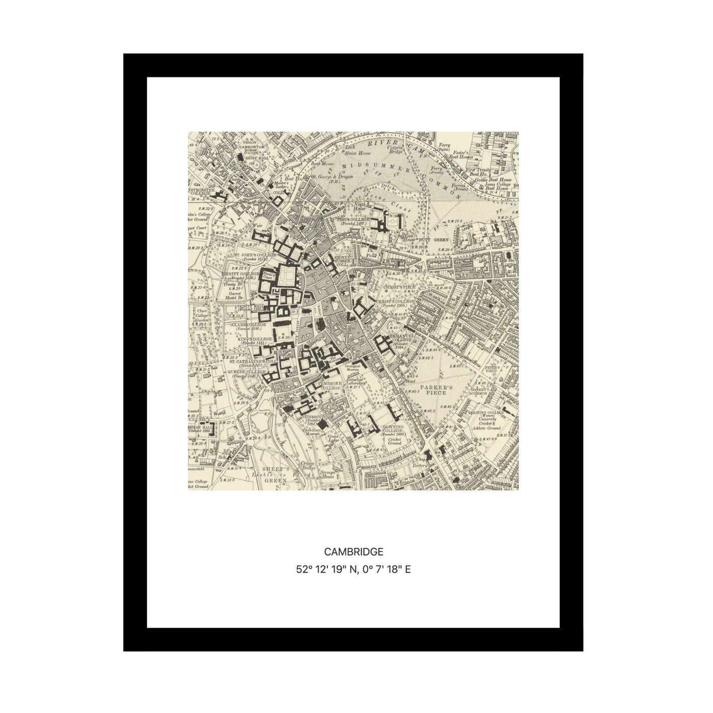 Framed vintage Ordnance Survey map print of Cambridge (1888)