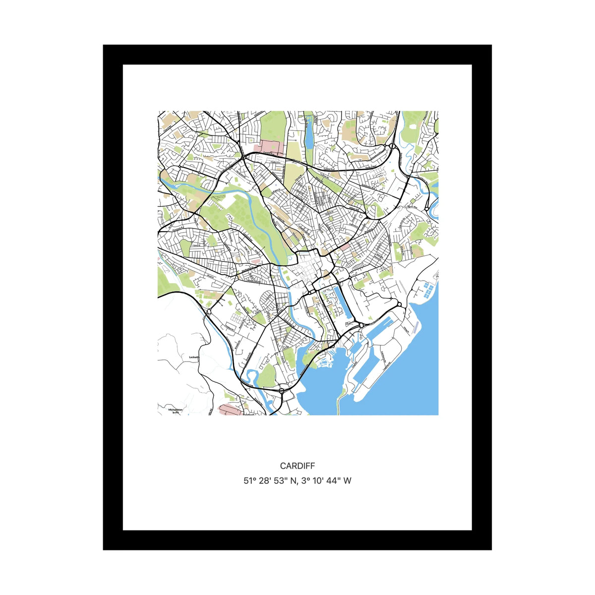 Framed personalised street map print of Cardiff