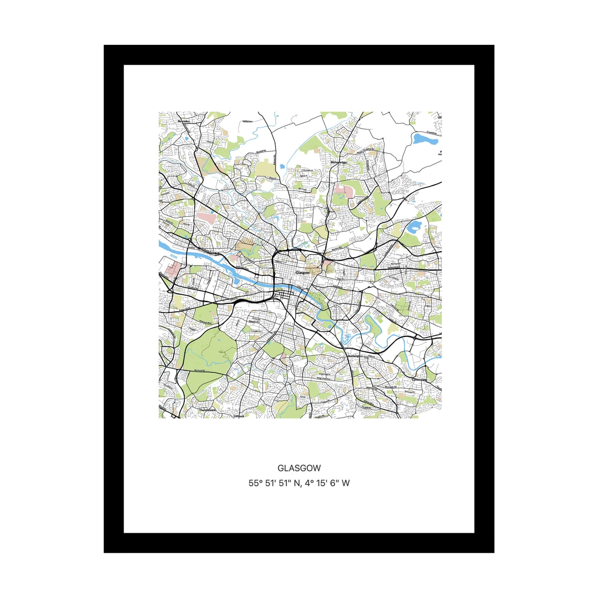 Framed personalised street map print of Glasgow