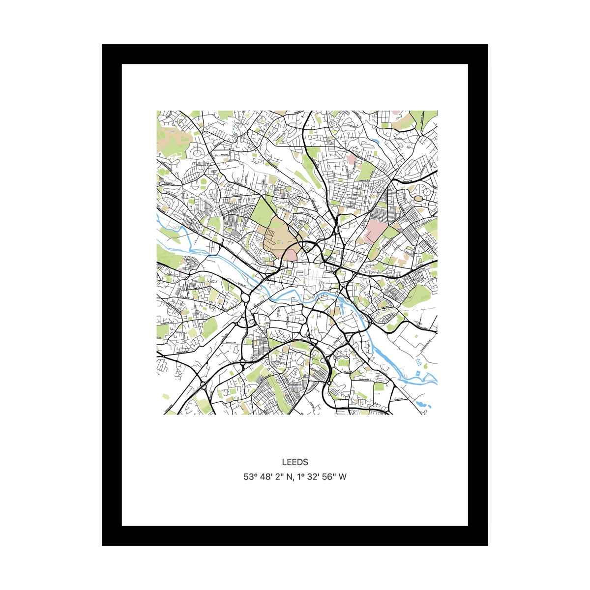 Framed personalised street map print of Leeds