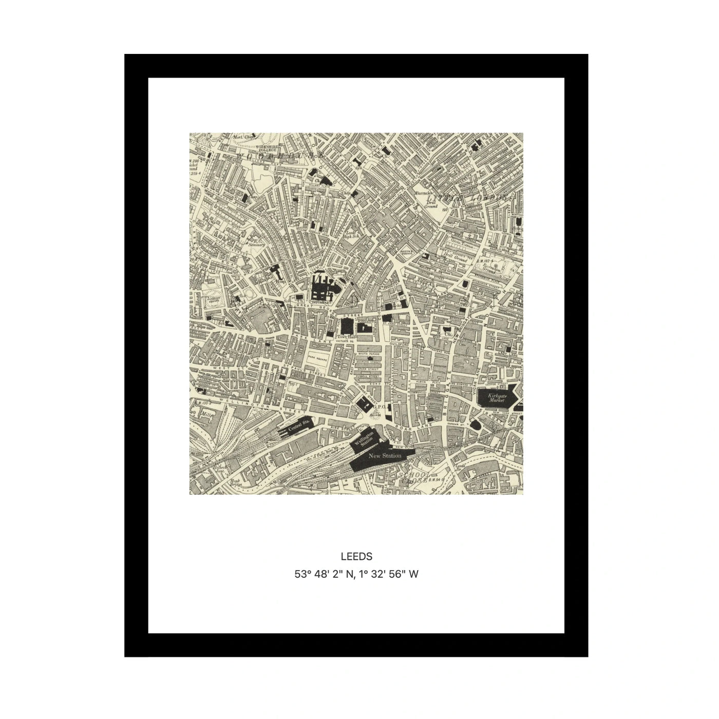 Framed vintage Ordnance Survey map print of Leeds (1888)