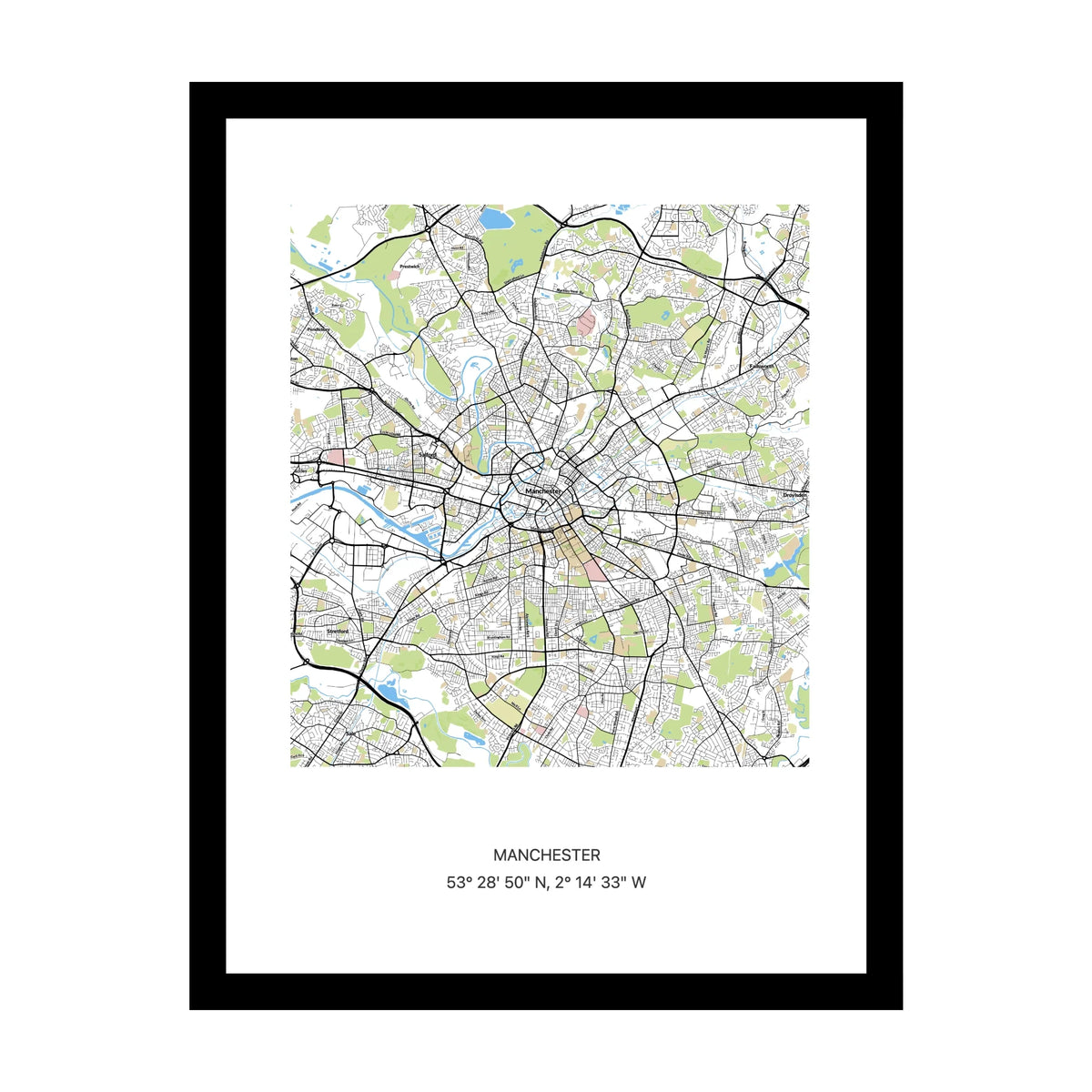 Framed personalised street map print of Manchester