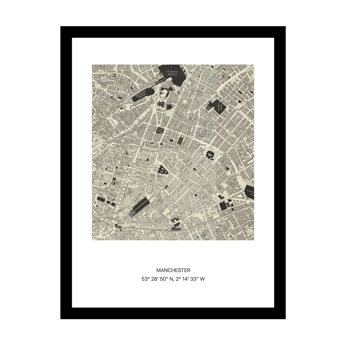 Framed vintage Ordnance Survey map print of Manchester (1888)