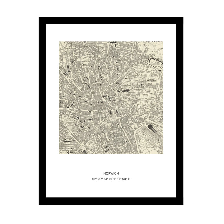 Framed vintage Ordnance Survey map print of Norwich (1888)