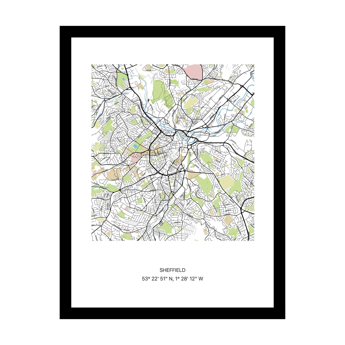 Framed personalised street map print of Sheffield