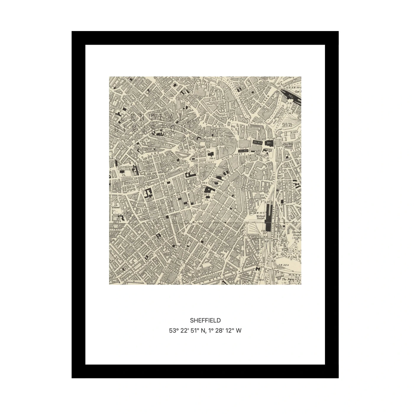 Framed vintage Ordnance Survey map print of Sheffield (1888)