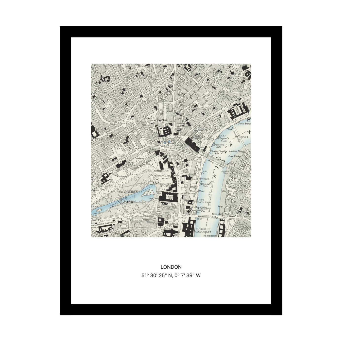 Framed vintage Ordnance Survey map print of London (1888)