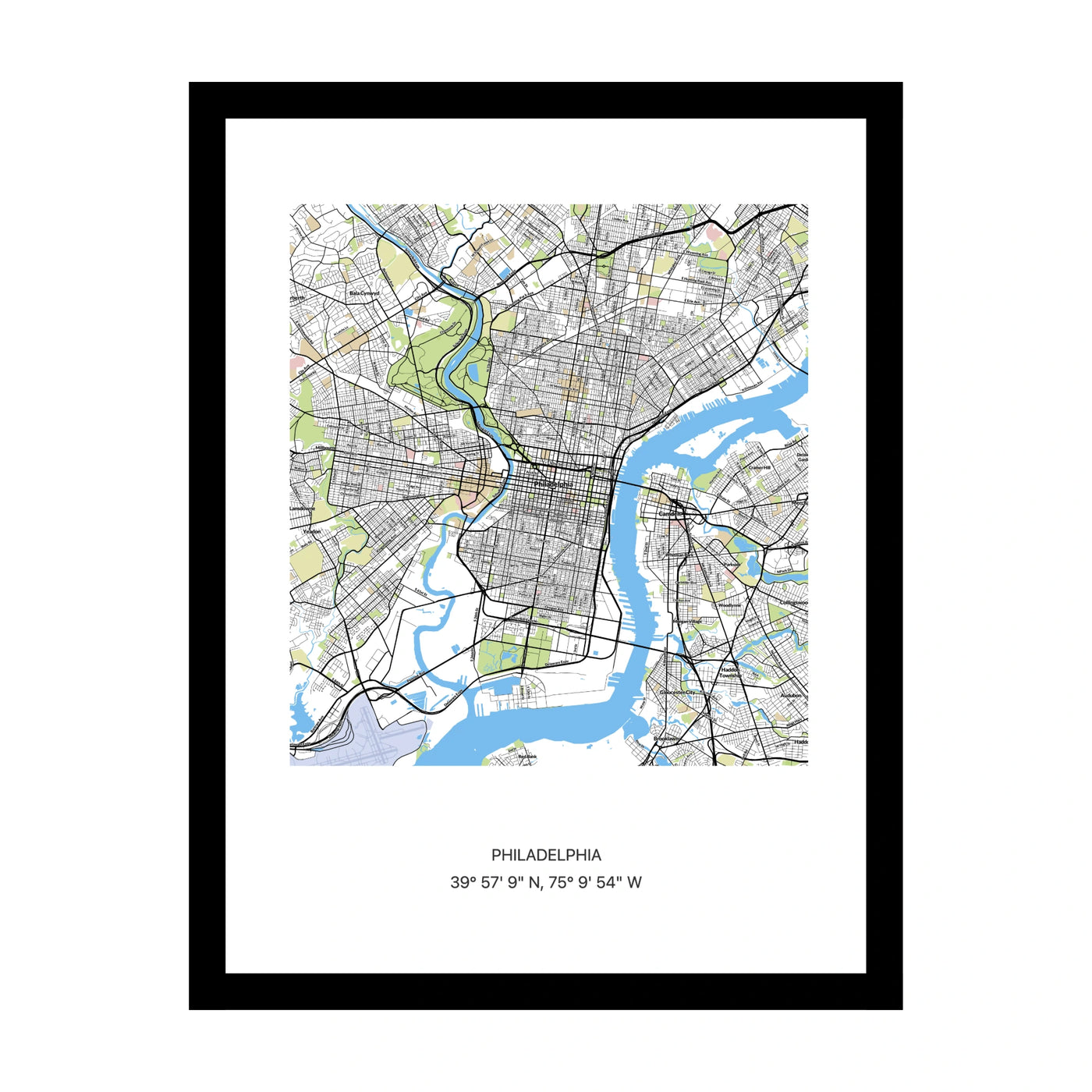 Framed personalised street map print of Philadelphia