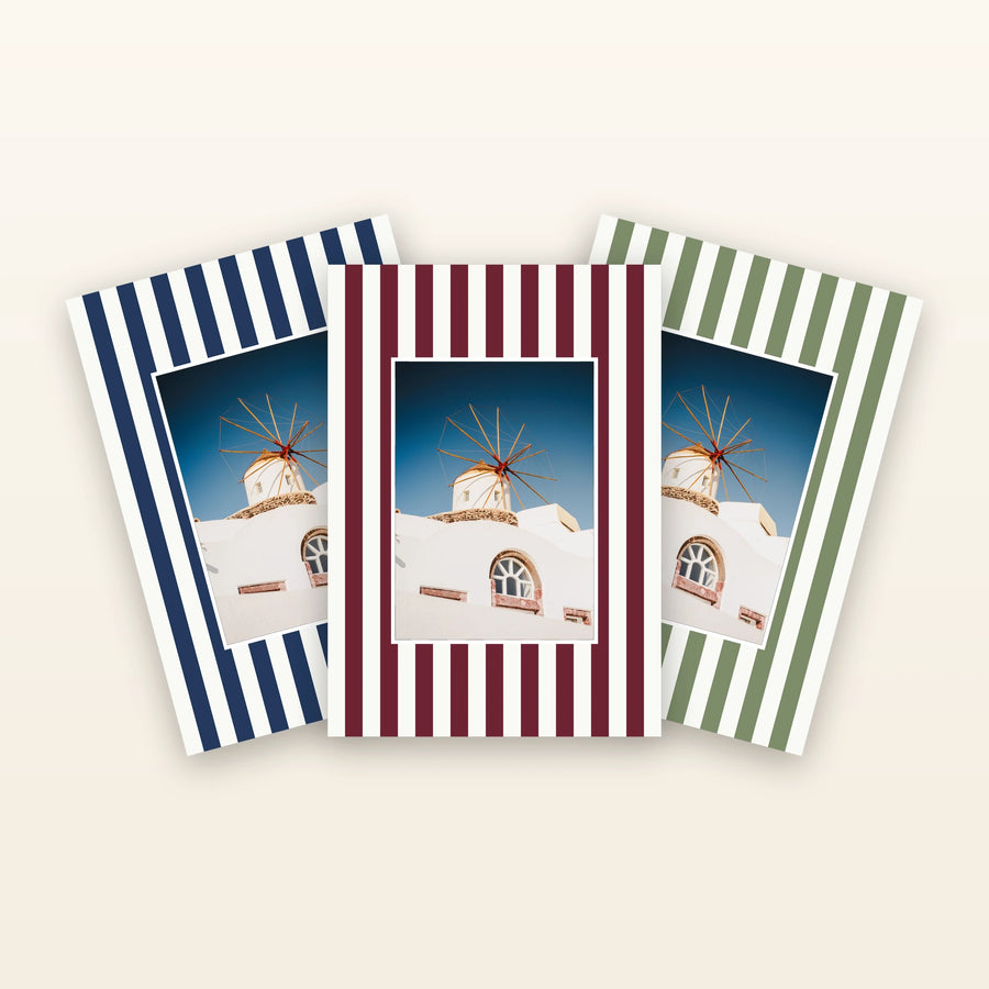 Striped picture mats in eight colours, each holding a photo