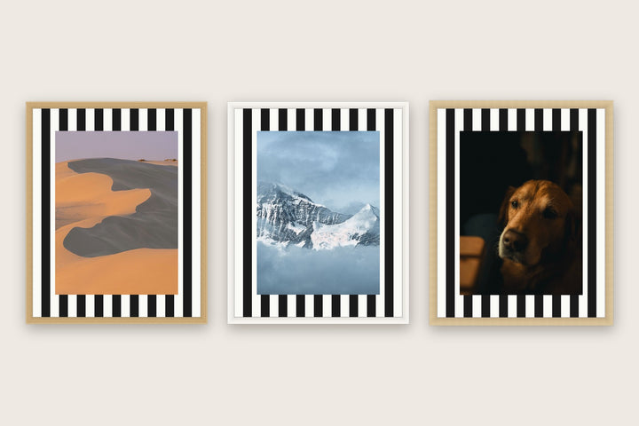 Three framed prints with vertical stripes premium mat boards cut to size — a-stripe-black