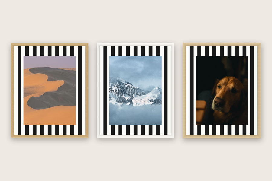 Three framed prints with vertical stripes premium mat boards cut to size — a-stripe-black
