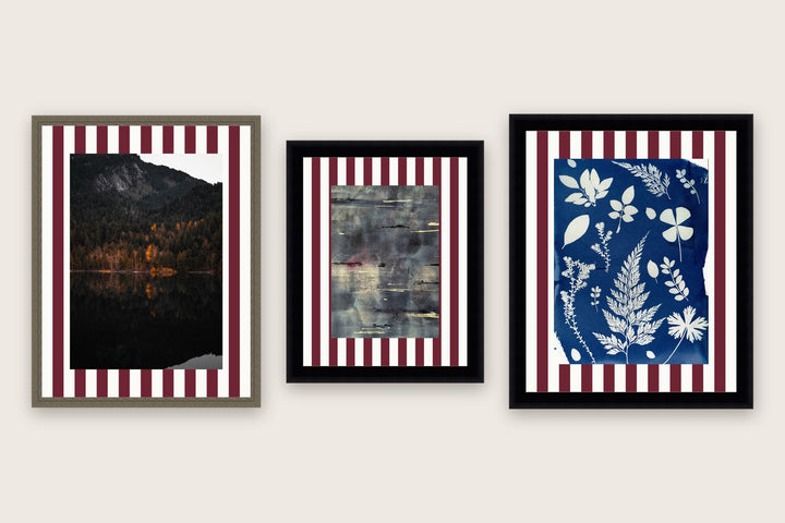 Three framed prints with vertical stripes premium mat boards cut to size — a-stripe-burgundy