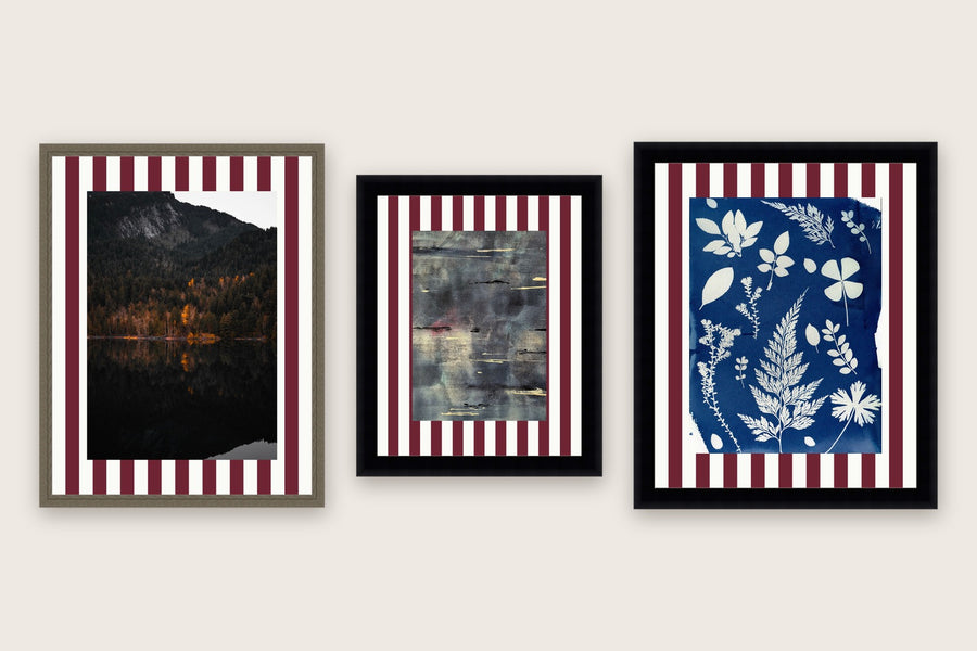 Three framed prints with vertical stripes premium mat boards cut to size — a-stripe-burgundy