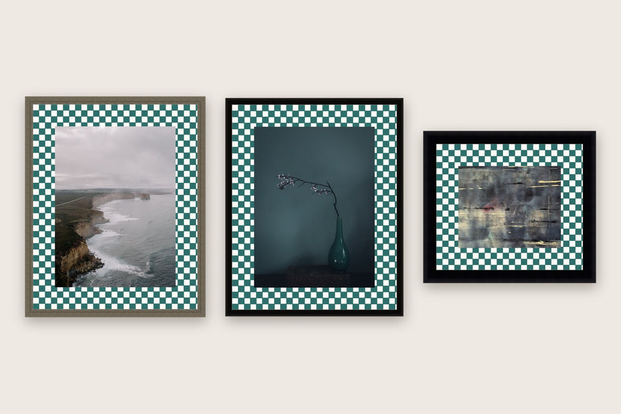 Three framed prints with a checkerboard premium mat boards cut to size — a-style-checkered
