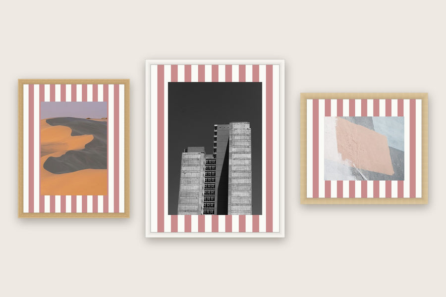Three framed prints with vertical stripes premium mat boards cut to size — a-stripe-dusty-pink