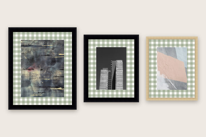 Three framed prints with gingham check premium mat boards cut to size — a-style-gingham