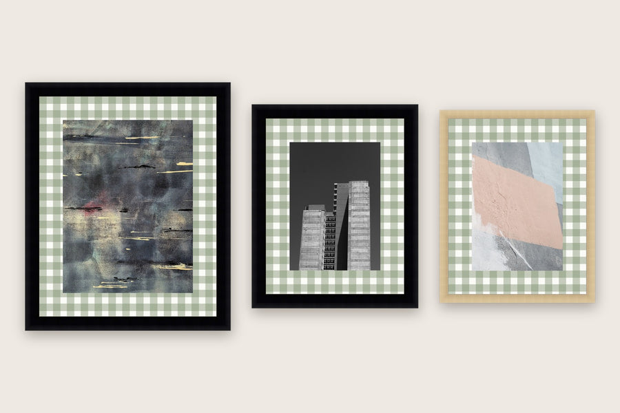 Three framed prints with gingham check premium mat boards cut to size — a-style-gingham