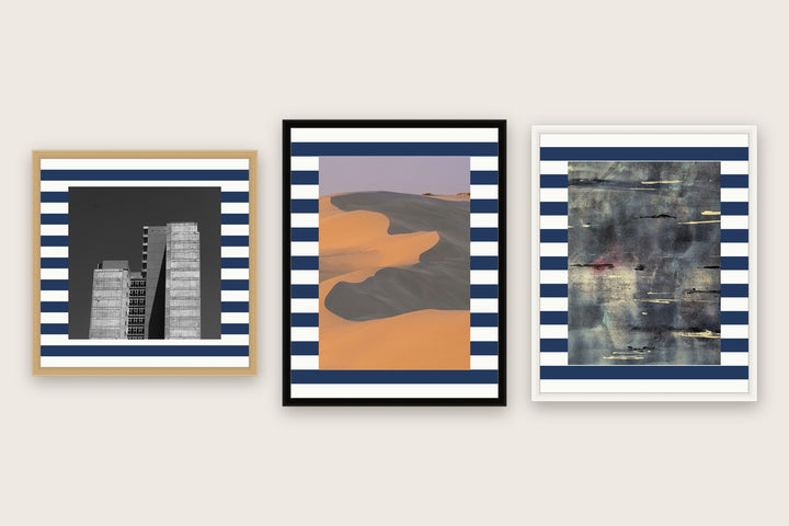 Three framed prints with horizontal stripes premium mat boards cut to size — a-style-horizontal