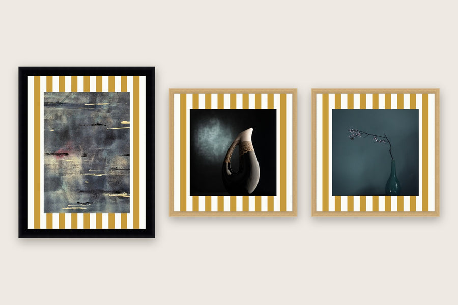 Three framed prints with vertical stripes premium mat boards cut to size — a-stripe-mustard