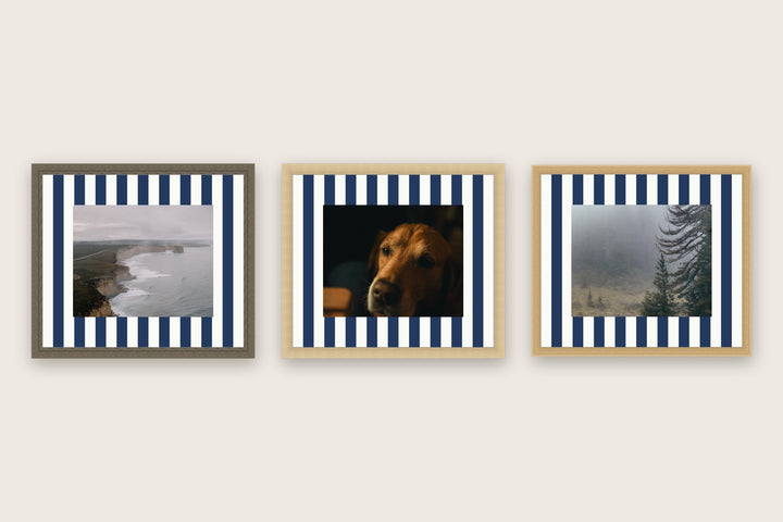 Three framed prints with vertical stripes premium mat boards cut to size — a-stripe-navy