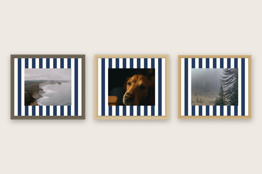 Three framed prints with vertical stripes premium mat boards cut to size — a-stripe-navy