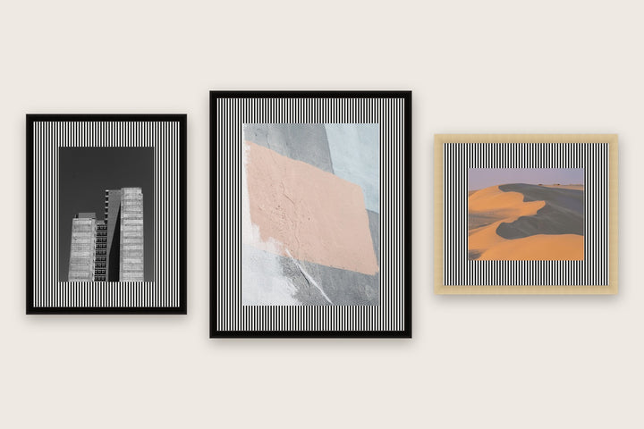Three framed prints with fine 3mm pinstripes premium mat boards cut to size — a-style-pinstripe