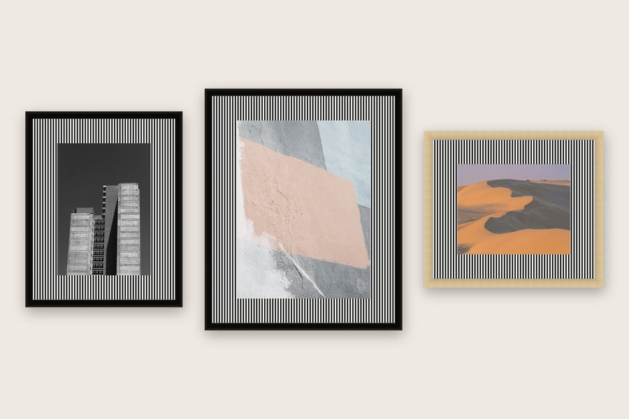 Three framed prints with fine 3mm pinstripes premium mat boards cut to size — a-style-pinstripe