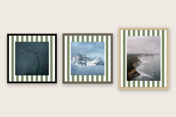 Three framed prints with vertical stripes premium mat boards cut to size — a-stripe-sage