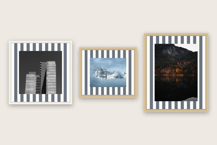 Three framed prints with vertical stripes premium mat boards cut to size — a-stripe-slate-grey