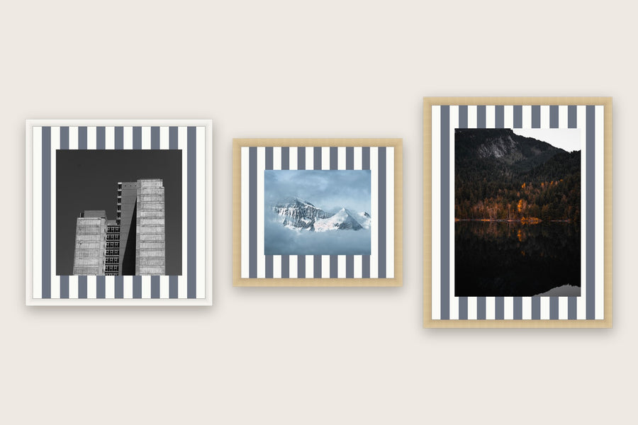 Three framed prints with vertical stripes premium mat boards cut to size — a-stripe-slate-grey