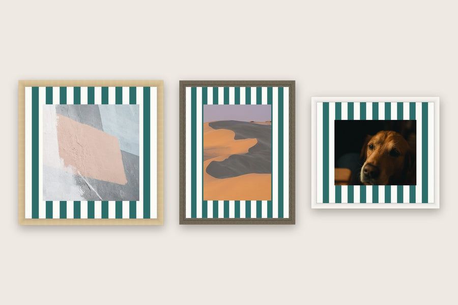 Three framed prints with vertical stripes premium mat boards cut to size — a-stripe-teal