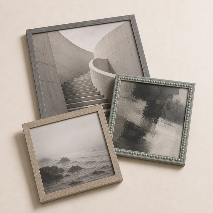 A collection of grey picture frames lying flat with varied edge-to-edge artwork